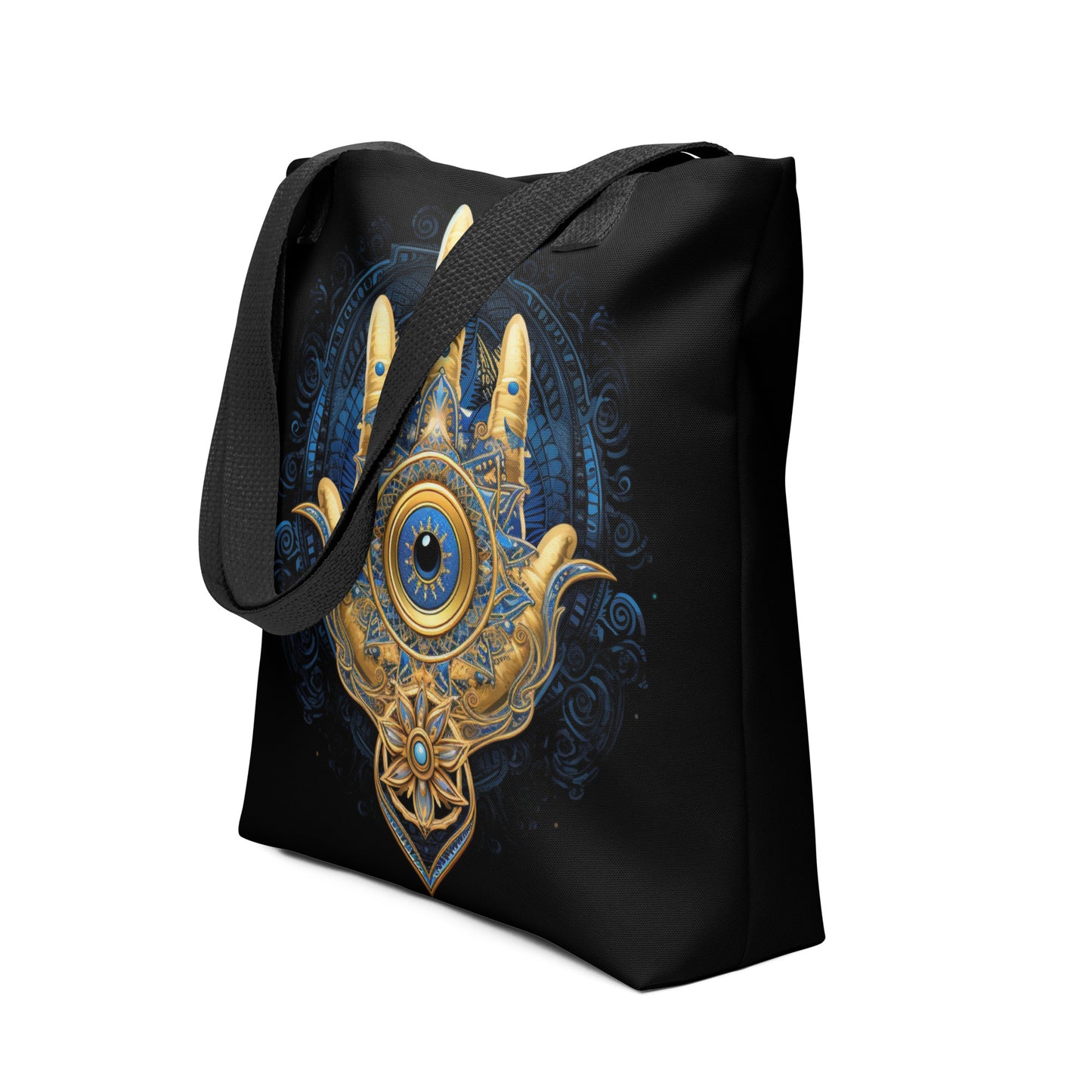 Black tote with a hand symbol with a jewel in the middle.