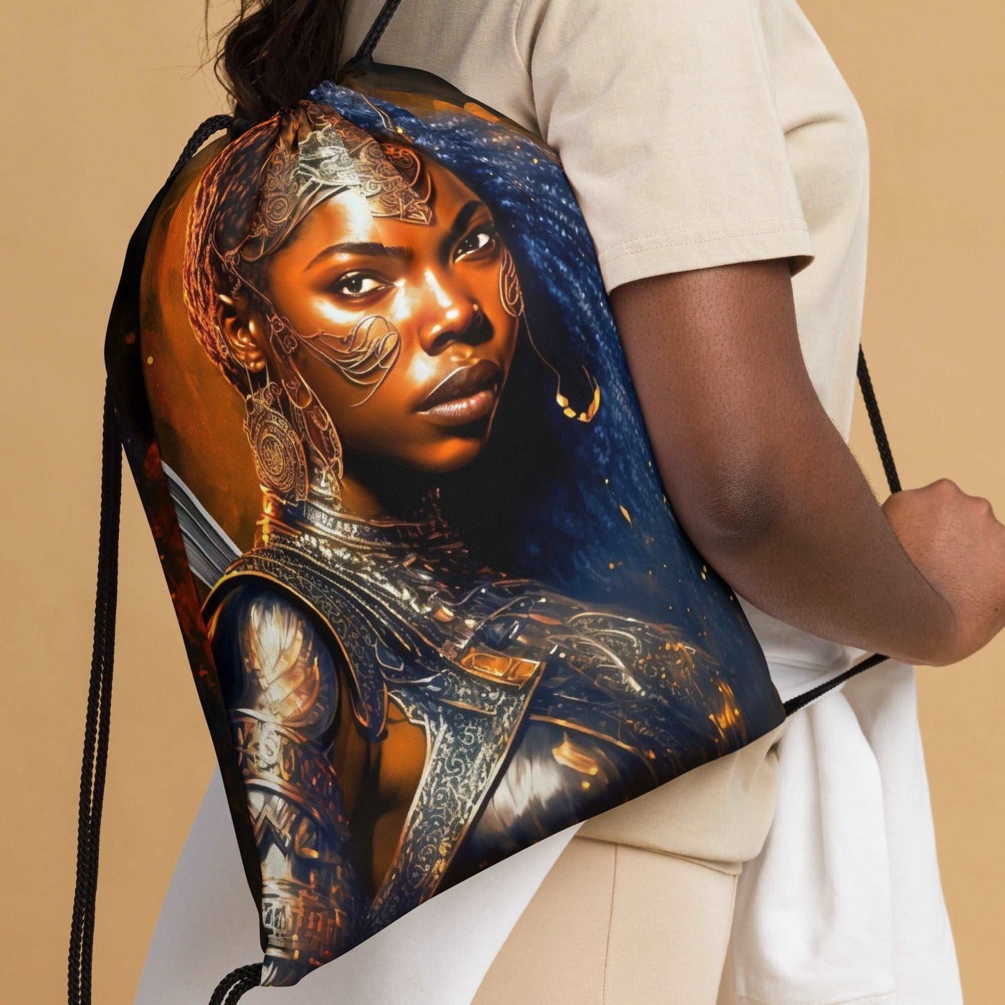 blue-haired-african-american-warrior-princess-drawstring-bag
