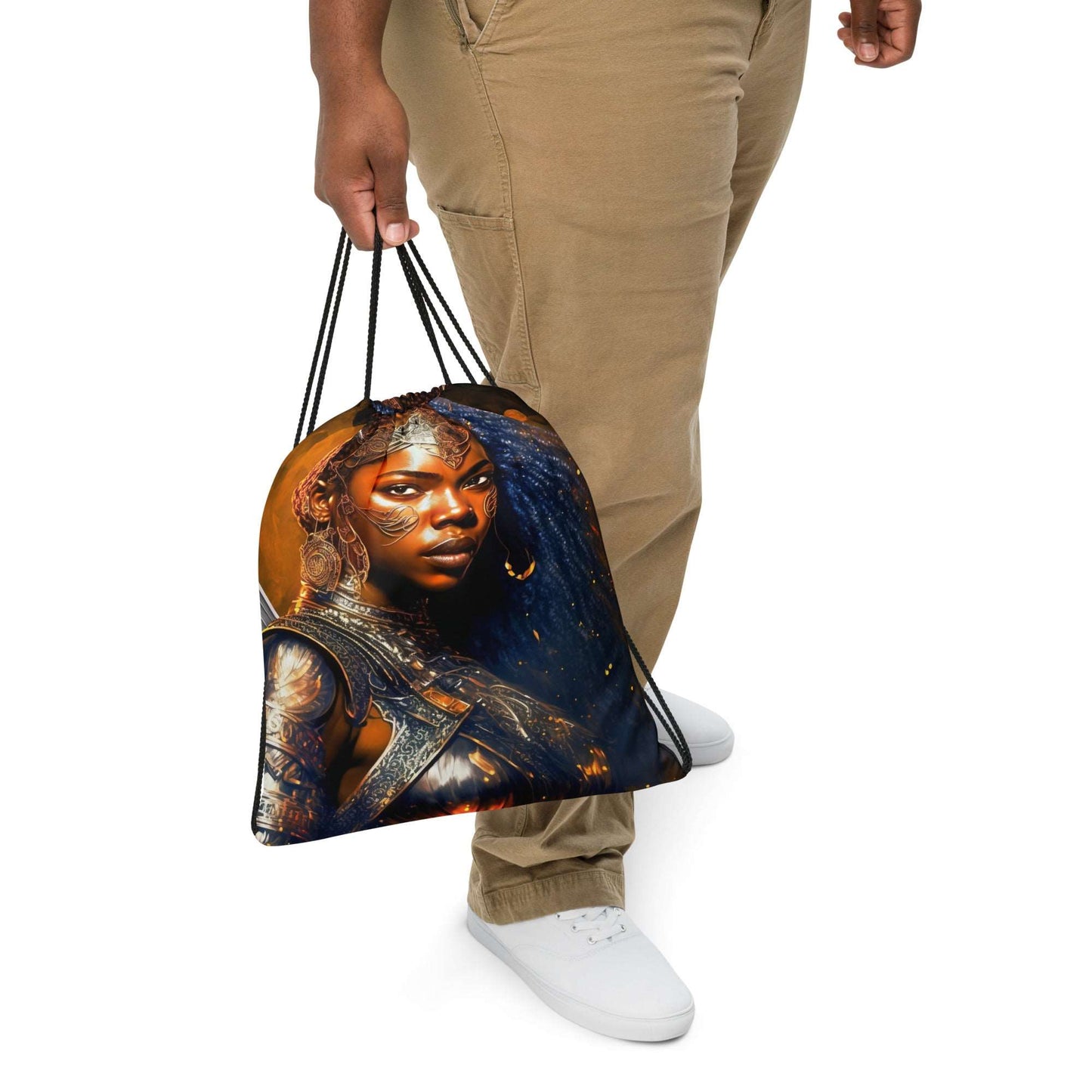 blue-haired-african-american-warrior-princess-drawstring-bag