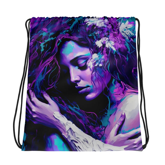 woman-in-an-Embracing-pose-purple-and-teal-Drawstring-Bag