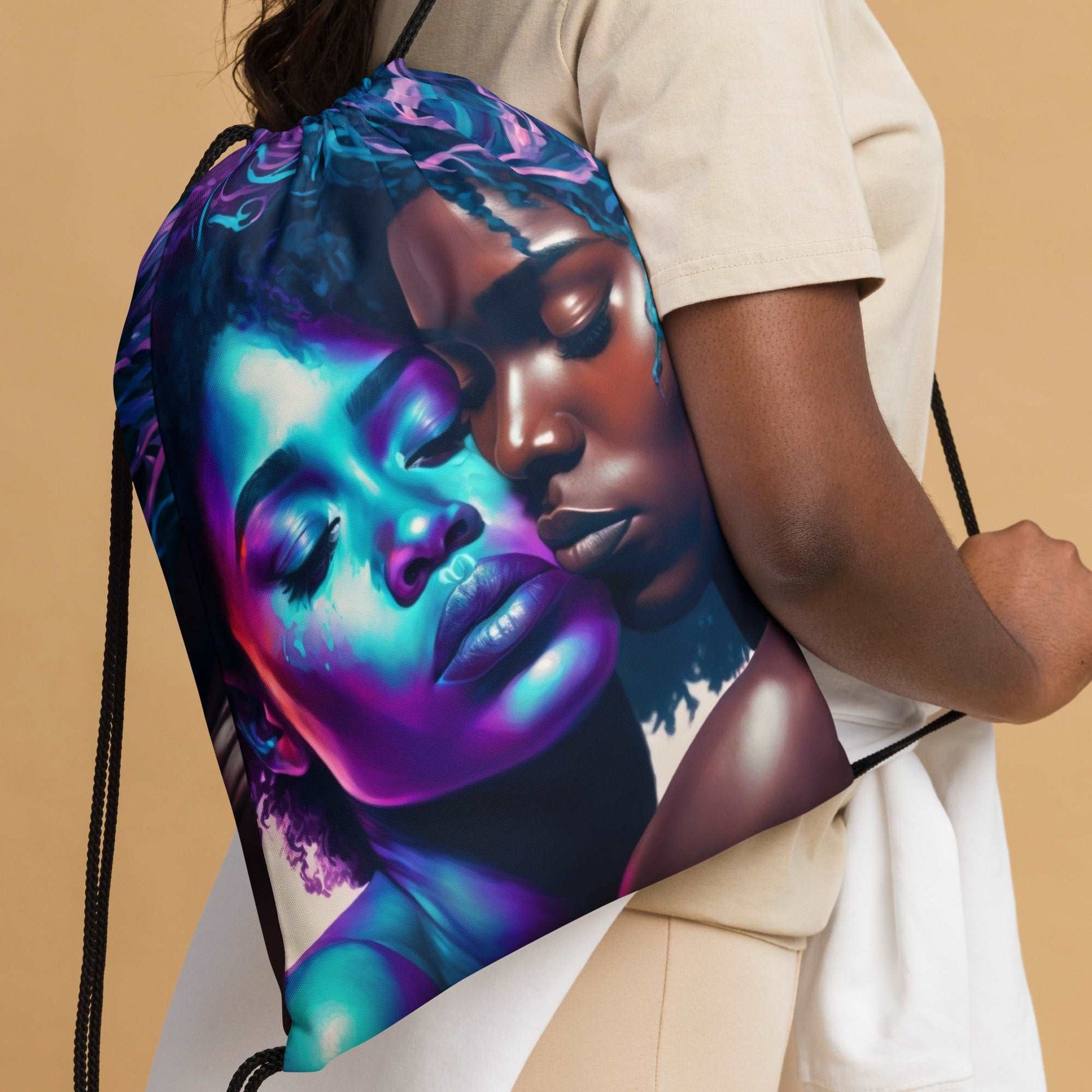 blue-haired-african-american-warrior-princess-drawstring-bag