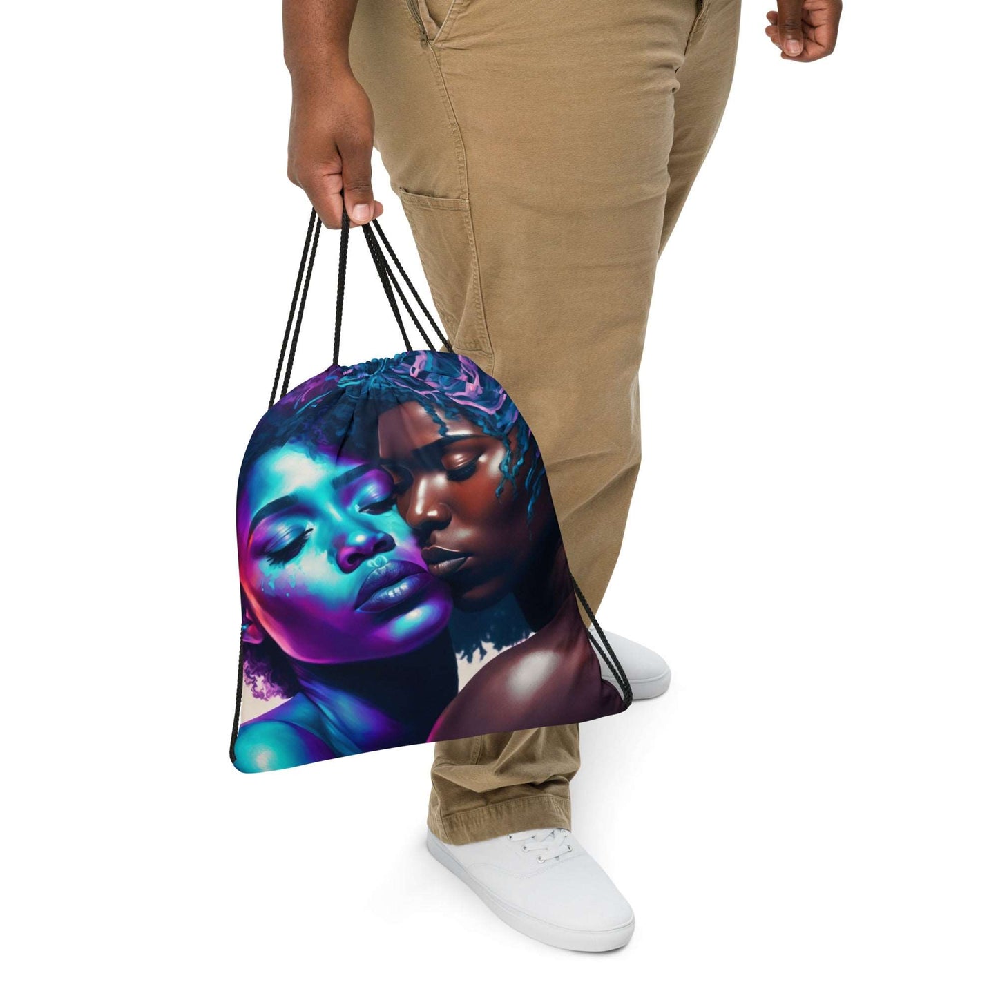 blue-haired-african-american-warrior-princess-drawstring-bag