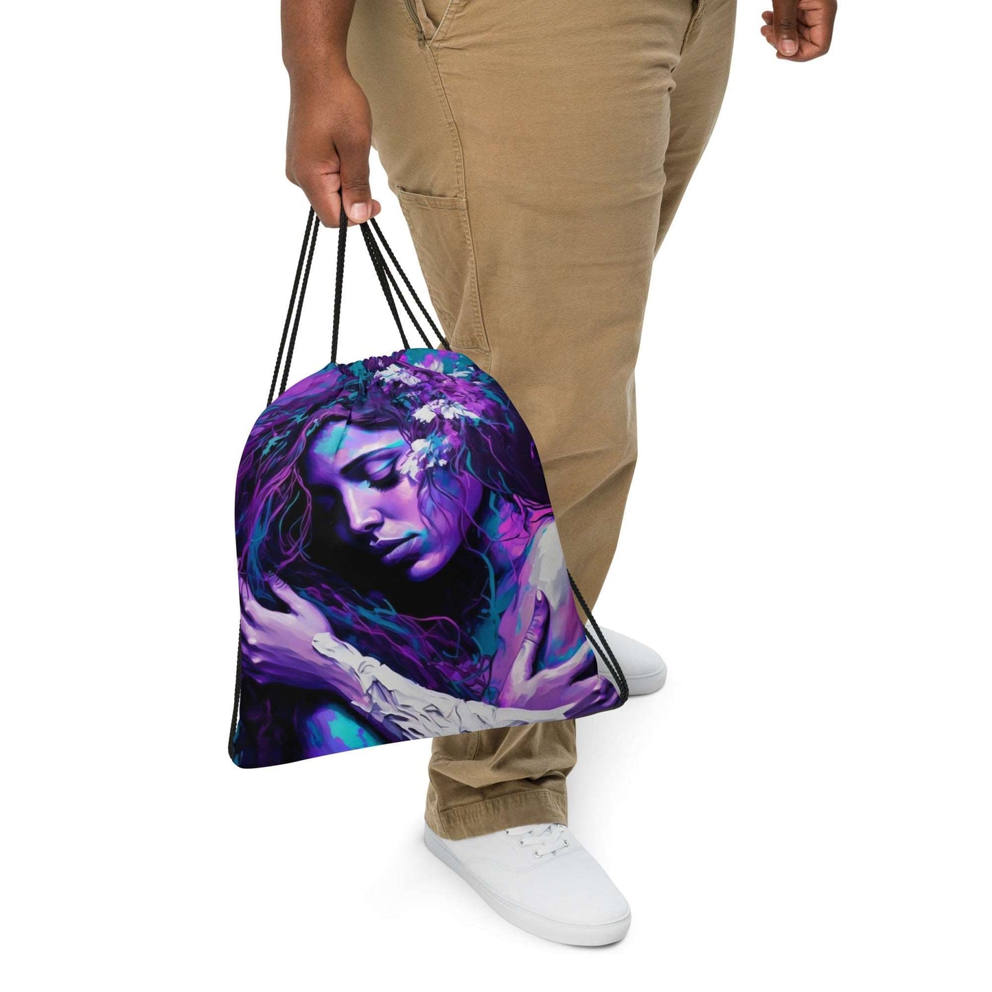 model-carrying a drawstring bag of a woman-in-an-Embracing-pose-purple-and-teal-Drawstring-Bag