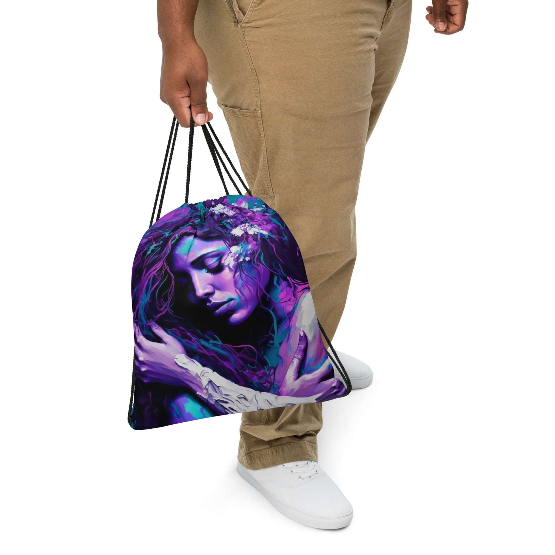 model-carrying a drawstring bag of a woman-in-an-Embracing-pose-purple-and-teal-Drawstring-Bag