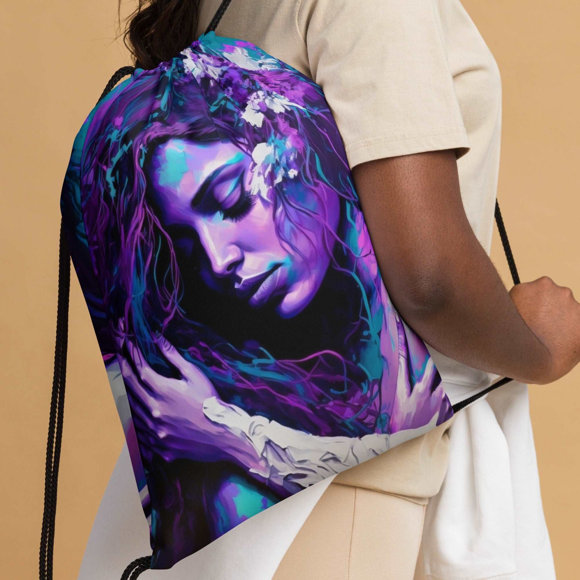 woman -in-an-Embracing-pose-purple-and-teal-Drawstring-Bag