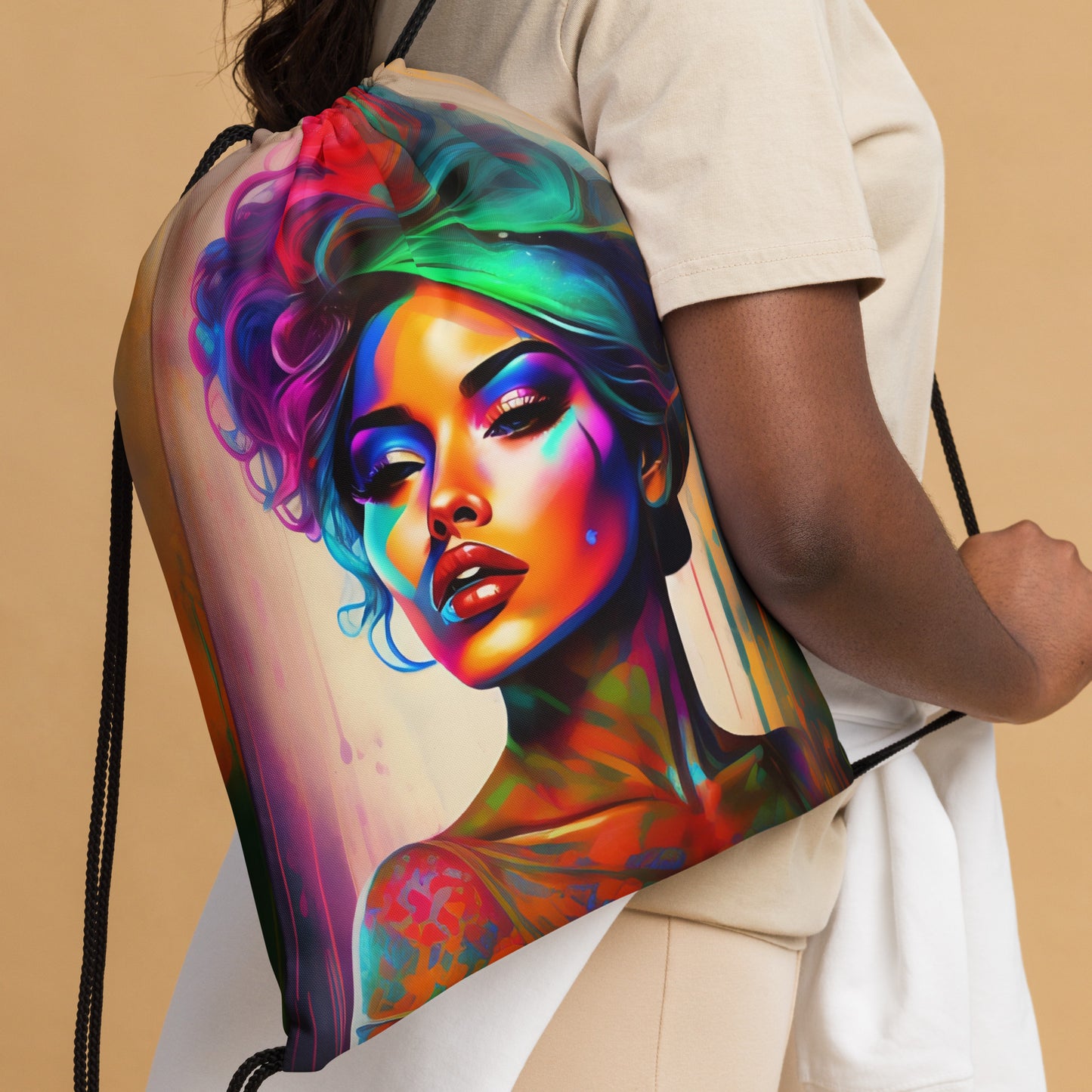 over the shoulder drawstring bag with a retro style photo of a beautiful woman