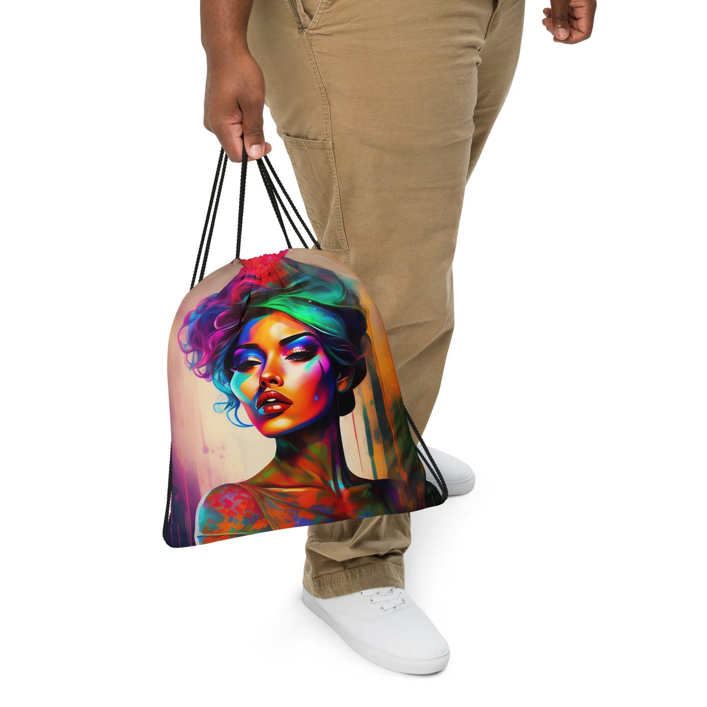 woman holding a drawstring bag with a retro style photo of a beautiful woman