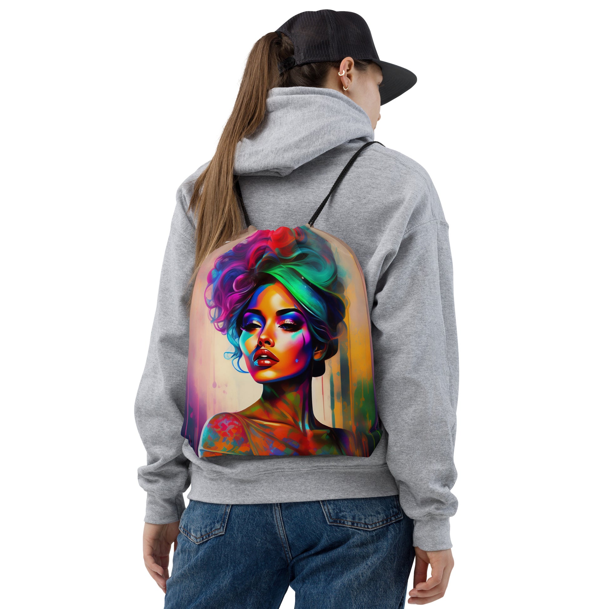 woman wearing a drawstring bag with a retro style photo of a beautiful woman